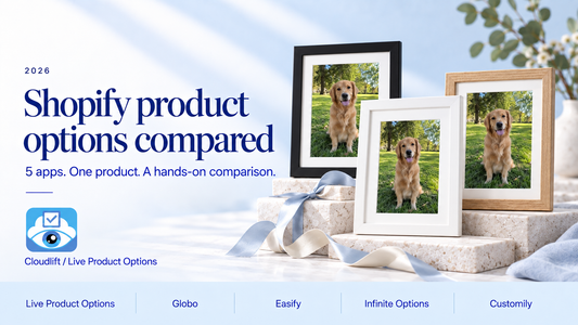 Shopify product options compared: five apps, with black, white and oak photo frames and Cloudlift branding