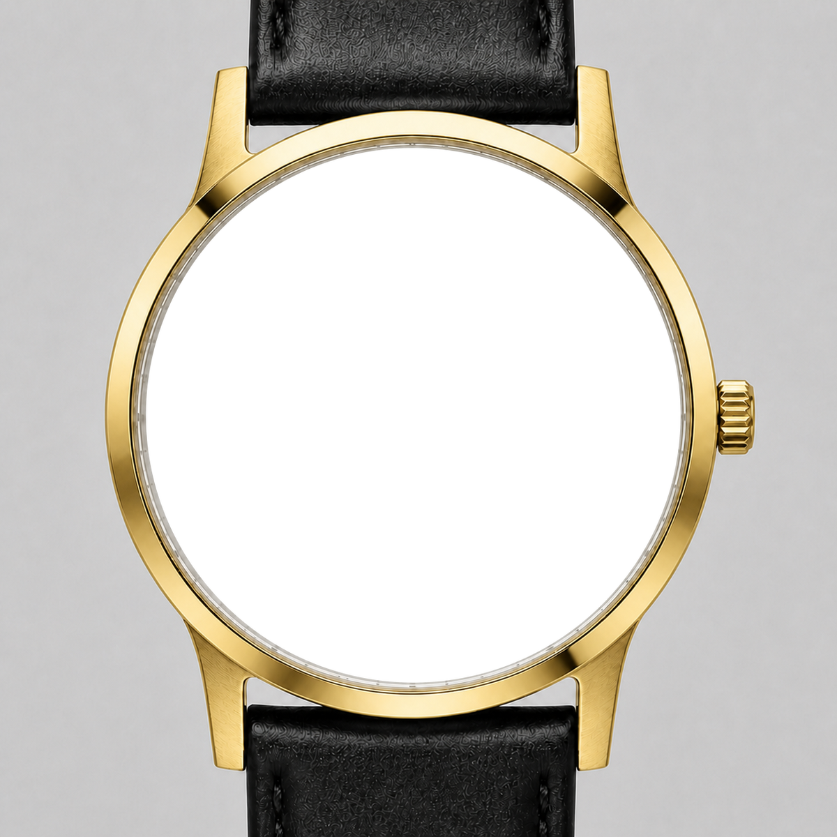 Gold plated watch, front view with transparent watch-face opening