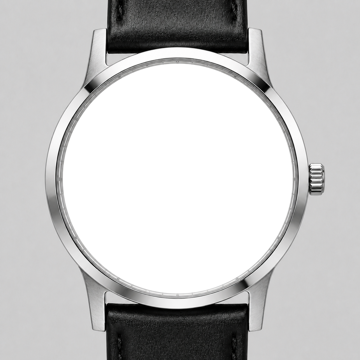 Stainless steel watch, front view with transparent watch-face opening